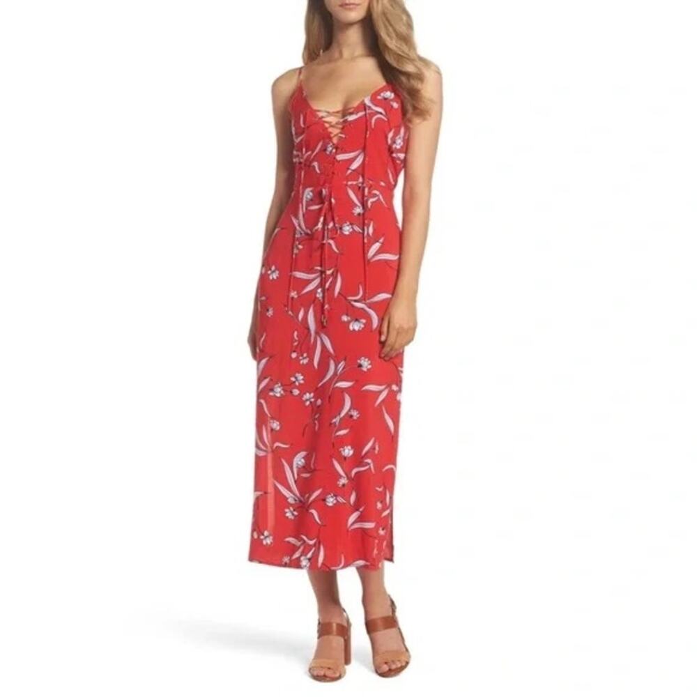 Bardot‎ Amelia Red Floral Print Lace Up V-Neck Sleeveless Midi Dress Size 4